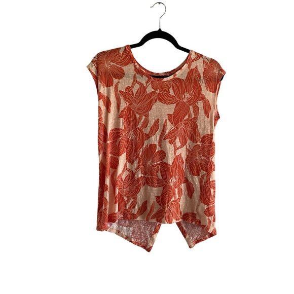 Tahari Women Sz M Orange Floral 100% Linen Sleeveless Back Button Pullover Top - Picture 1 of 9